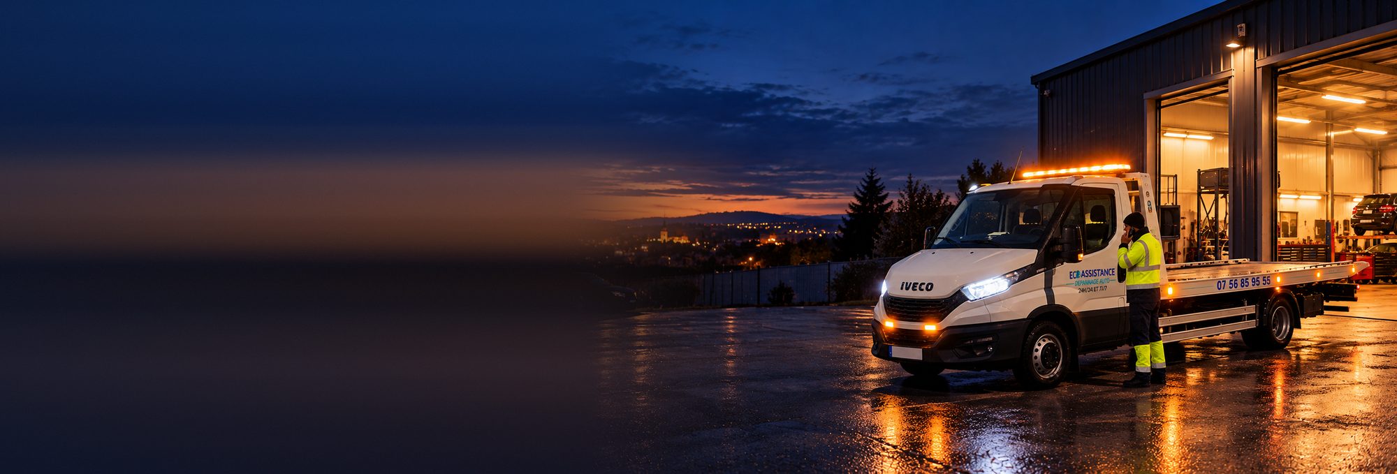 Dépanneur ECO ASSISTANCE répondant au téléphone à côté de sa dépanneuse plateau Iveco Daily, devant le dépôt éclairé à la tombée de la nuit, près de Villefranche-sur-Saône