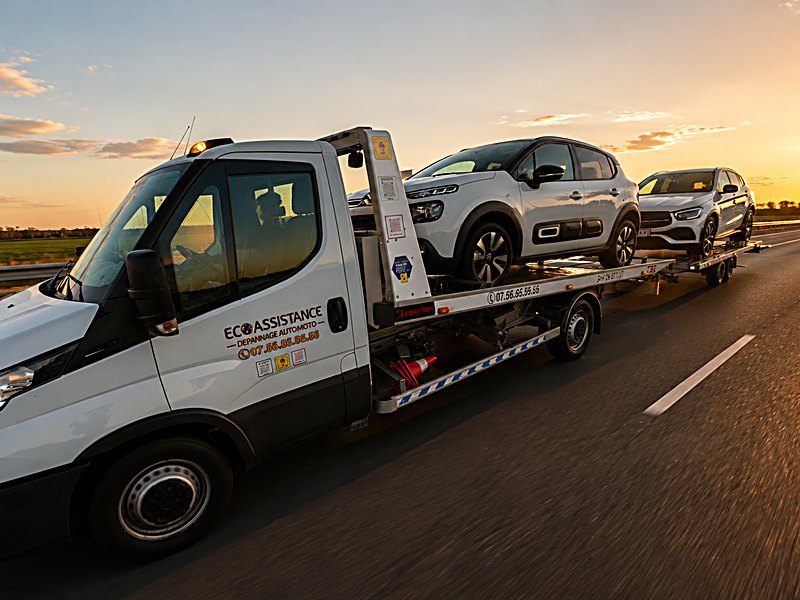 Plateau ECO ASSISTANCE transportant plusieurs véhicules sur longue distance